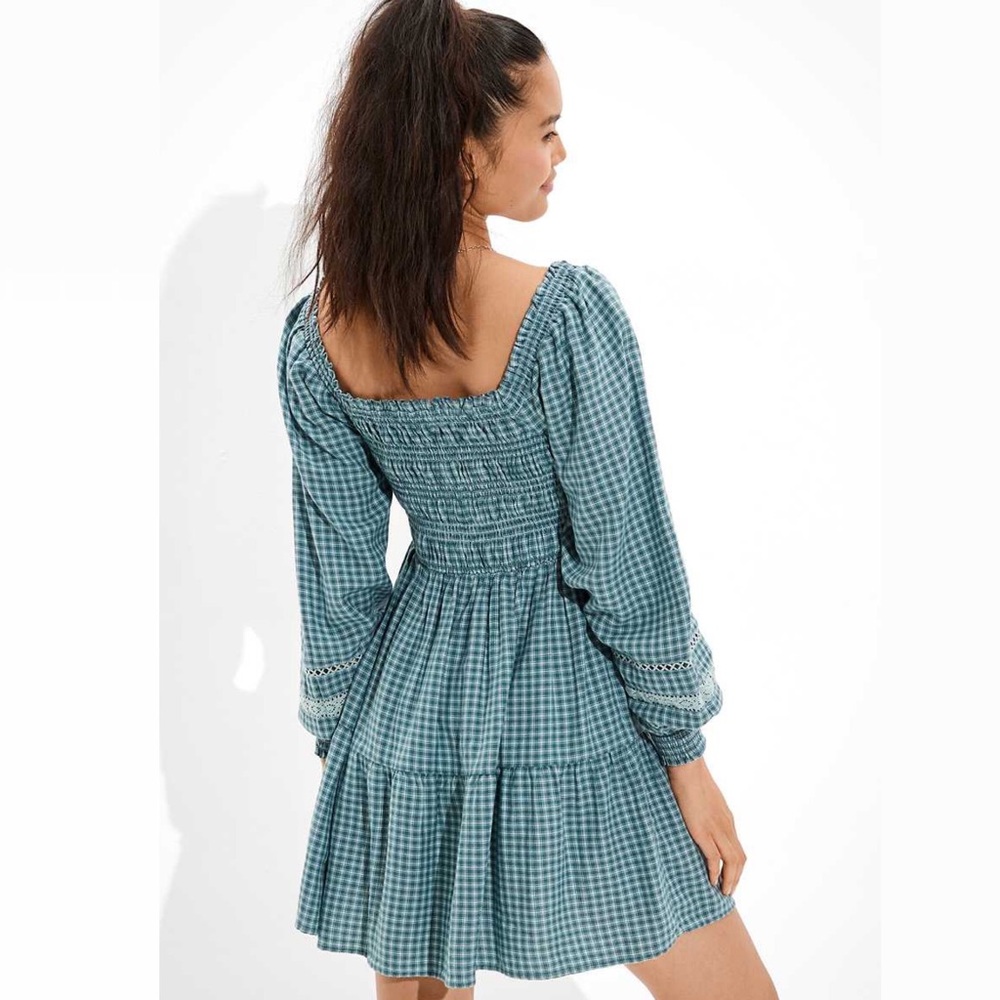 AE Plaid Long-Sleeve Smocked Mini Dress Size SP - Picture 9 of 11